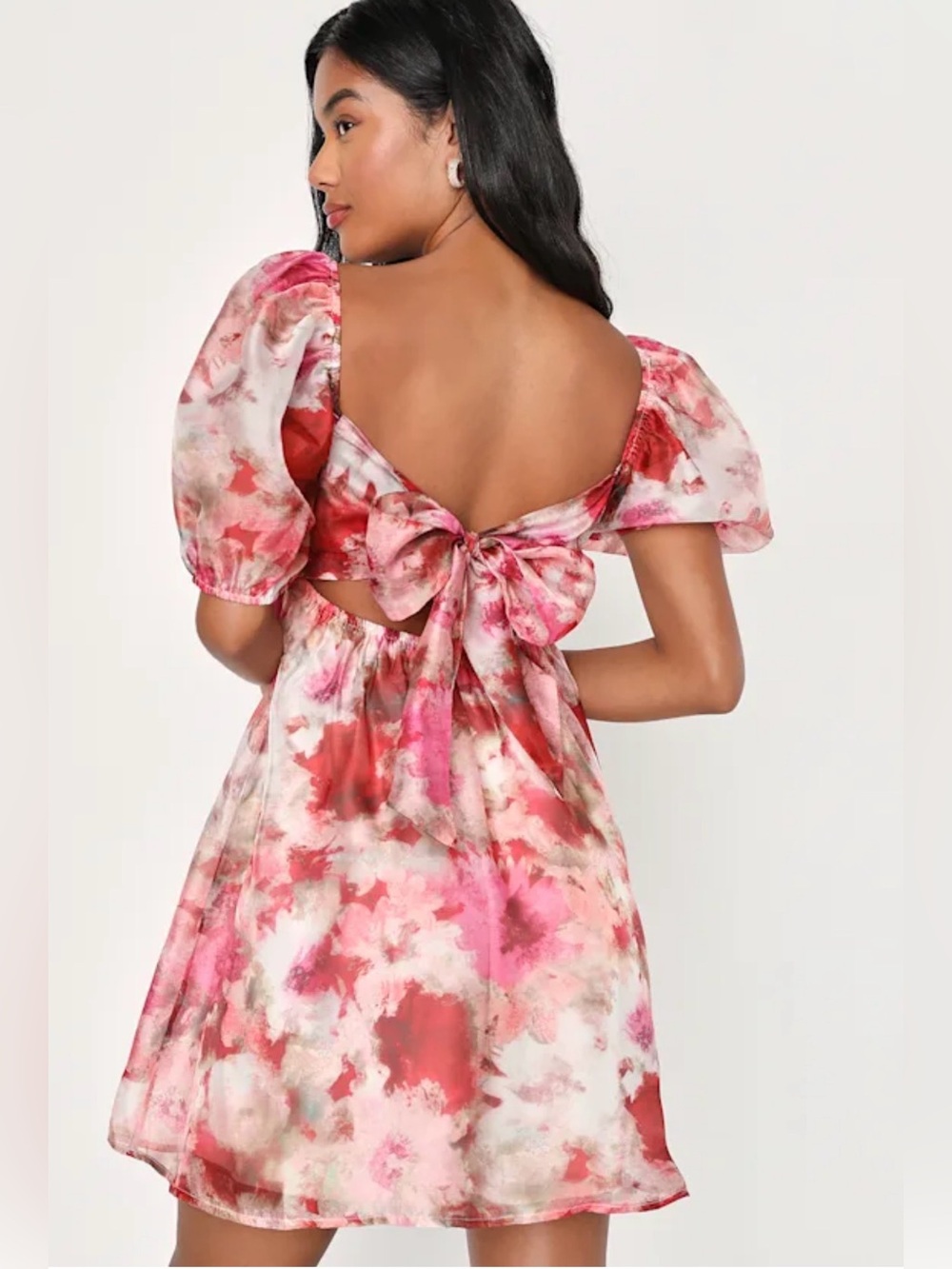 NWOT Lulus Pink Red Floral Tie-Back Puff Sleeve Mini Dress Large